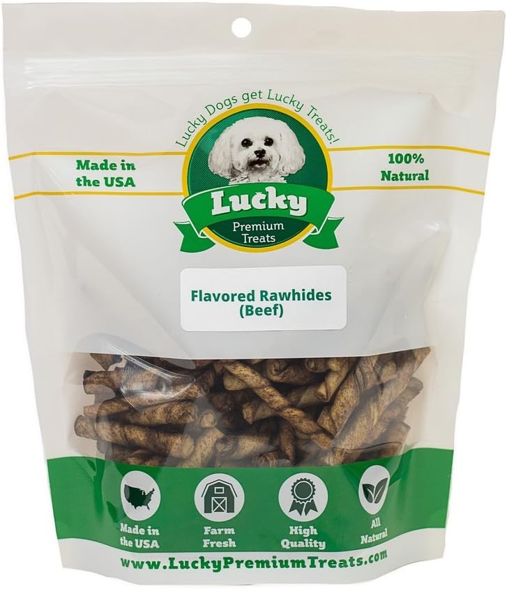 Lucky Premium Treats Beef Basted Rawhide – All-Natural Rawhide and Beef Dog Treats for Extra Small Dogs, Gluten Free Premium Toy Breed Dog Treats (200 Chews)