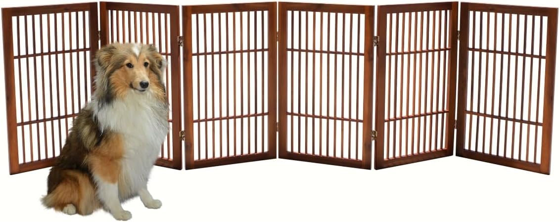 Pet Dog Gate Strong and Durable Freestanding Folding Acacia Hardwood Portable Wooden Fence Indoors or Outdoors by Urnporium (Brown Pet Gate, 6 Panel 30" Tall)