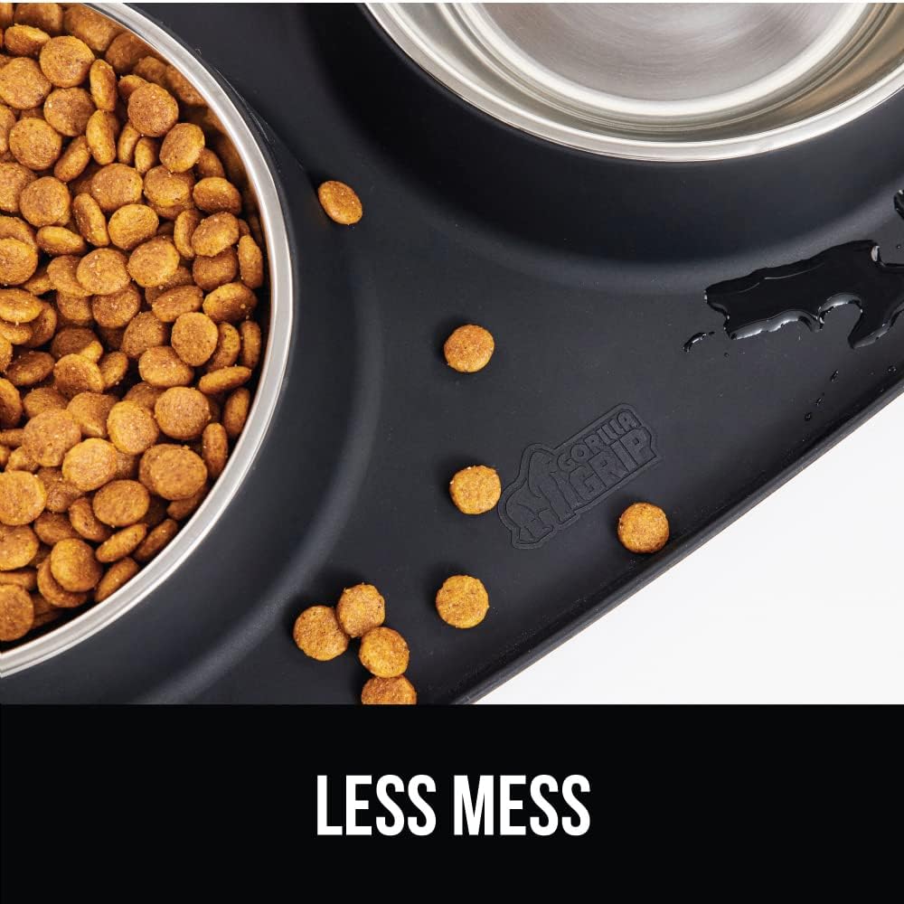 GORILLA GRIP Feeding Mat Set, Patent Pending 100% Waterproof BPA Free Silicone, Stainless Steel Cat and Dog Bowls, Slip Resistant, High Edges Catch Water Food, US Designed Pet Accessories, 2 Cup Black