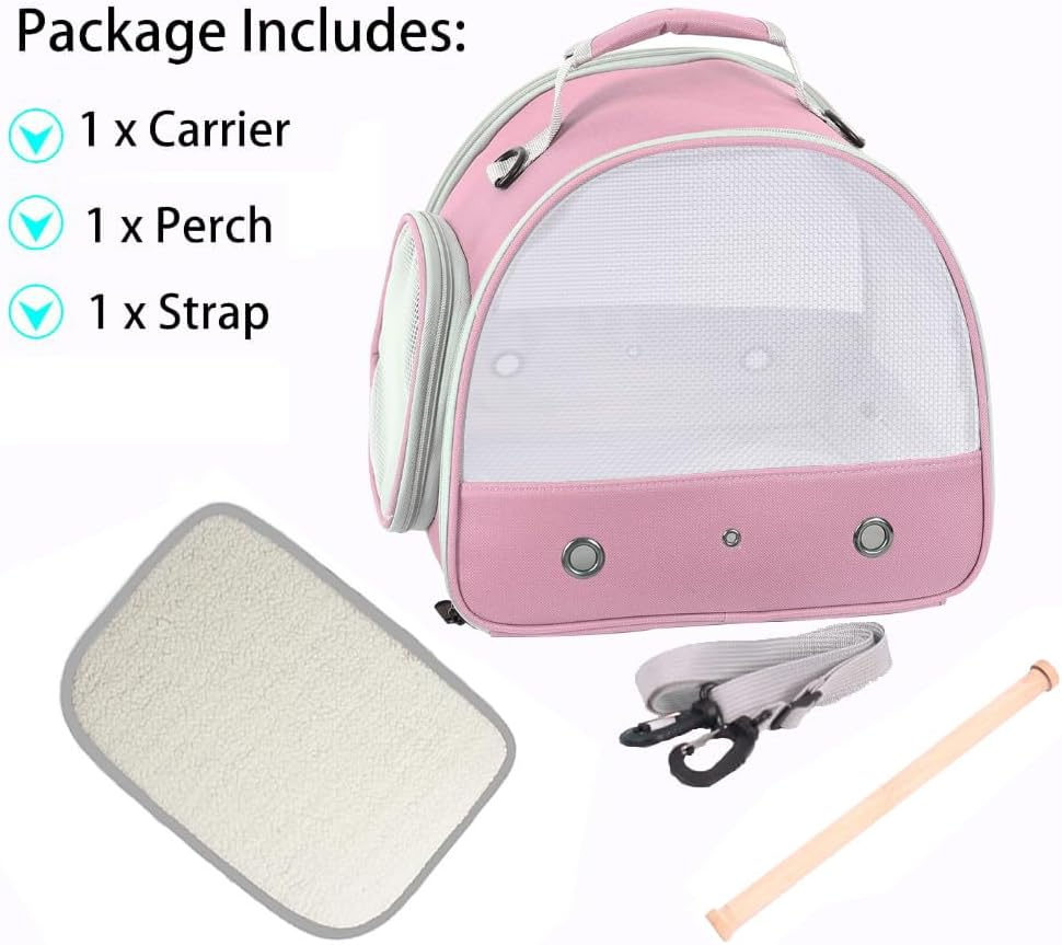 Bird Carrier, Portable Small Bird Parrot Parakeet Carrier with Standing Perch, Side Access Window Collapsible (Pink, Mesh Windows)