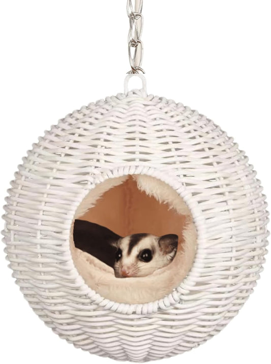 Sugar Glider Woven Spherical Nest for All Seasons Small Animal Bed Nest Hanging Hammock Bed Comfortable Fit Squirrel Sugar Glider Gerbil Rat Hamster Bird Parrot (White)