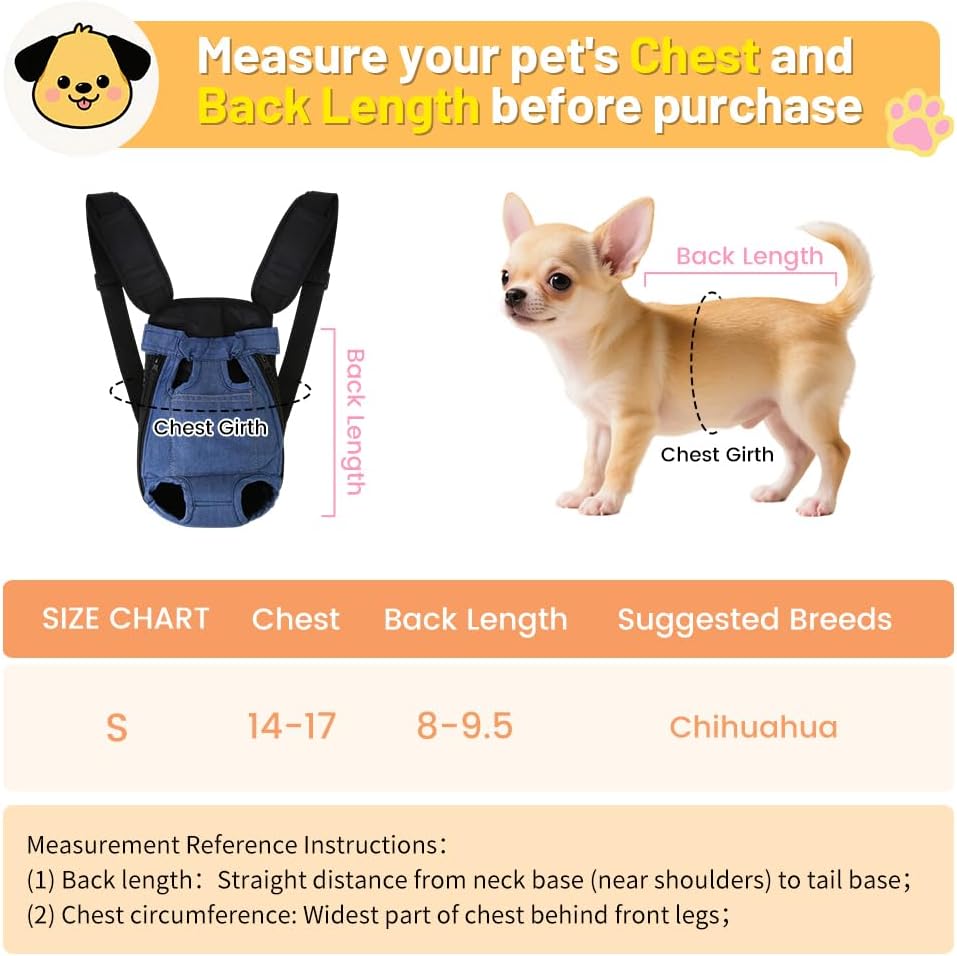 Inspack Dog Backpack Carrier/Cat Carrier, Adjustable Pet Front Carriers Travel Bag for Puppy Med Dogs, Legs Out, Soft Ventilated Dog Chest Carry Backpacks for Hiking/Camping, 2.5-4 lbs, Indigo Denim