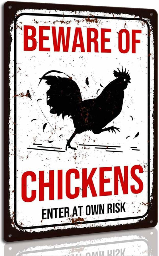 Vintage Beware of Chickens Metal Sign Funny Chicken Coop Sign for Farm 8 x 12 inch