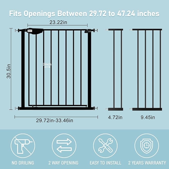 WAOWAO Triple Lock 29.72-47.24" Baby Gate Extra Wide Pressure Mounted Walk Through Swing Auto Close Safety Black Metal Dog Pet Puppy for Stairs,Doorways,Kitchen