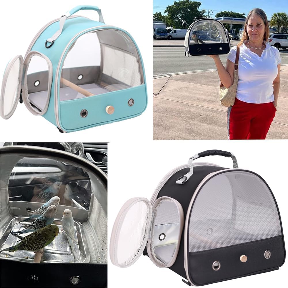 Bird Carrier, Portable Small Bird Parrot Parakeet Carrier with Standing Perch, Side Access Window Collapsible (Black, Mesh Windows)