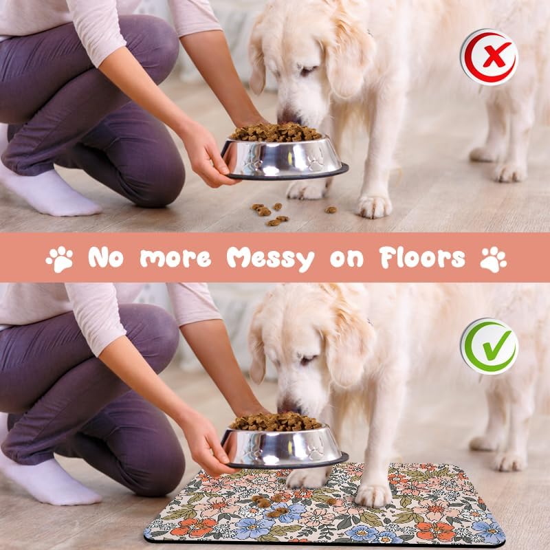 Dog Food Mats for Floors Waterproof, Cat Water Bowl Mats Pet Feeding Absorbent Placemats Flower 12 * 20 inch