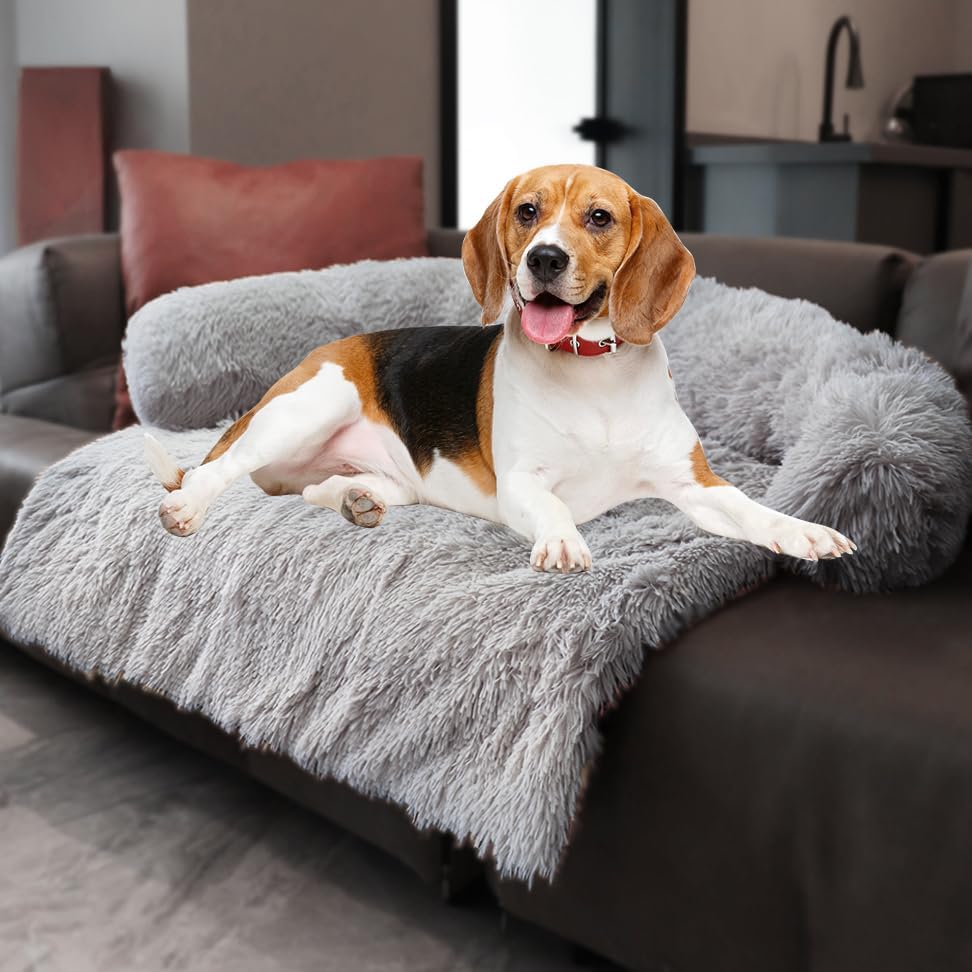 Calming Dogs/Cats Bed Mats, Dog Pad Washable Removable Couch Cover, Plush Long Fur Mat for Pets, Waterproof Lining, Perfect for Small, Medium and Large Dogs and Cats (Light Gray, 41"x37")