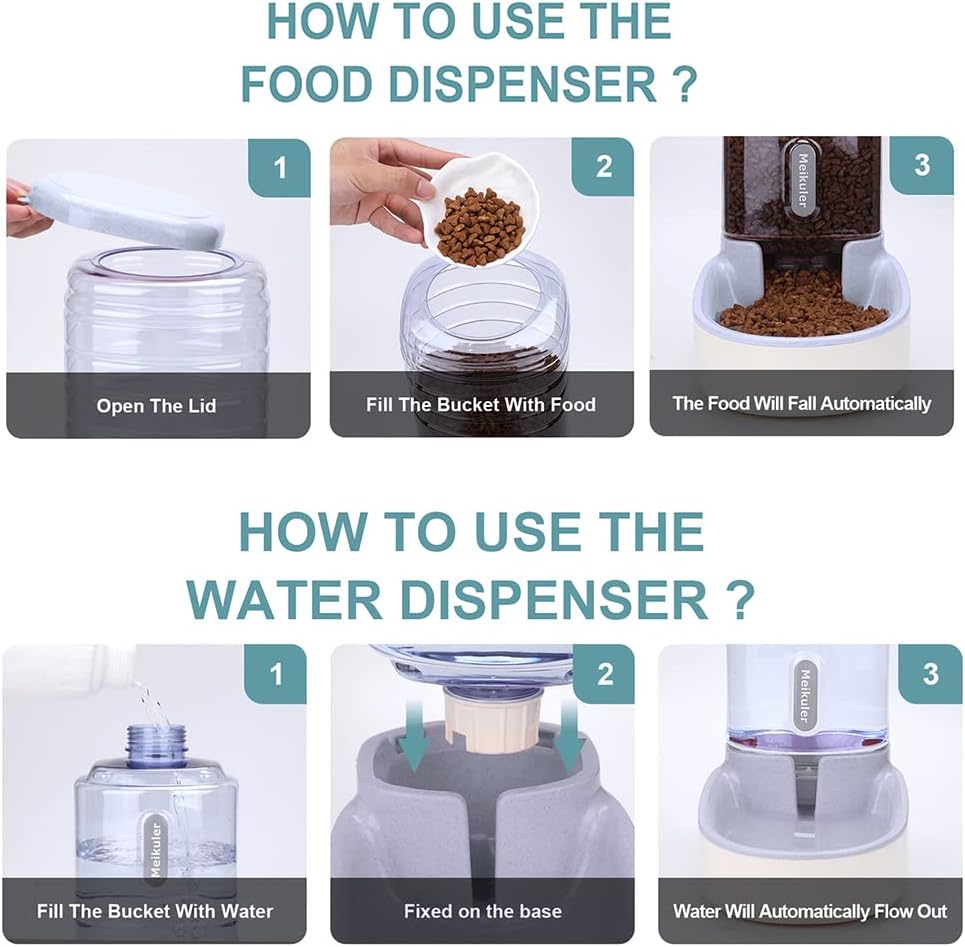 Meikuler Automatic Dog Cat Feeder and Water Dispenser Set,Waterer and Gravity Food Feeder for Small & Medium Dogs Cats Puppies,Large Capacity 1 Gallon x 2 (Grey)