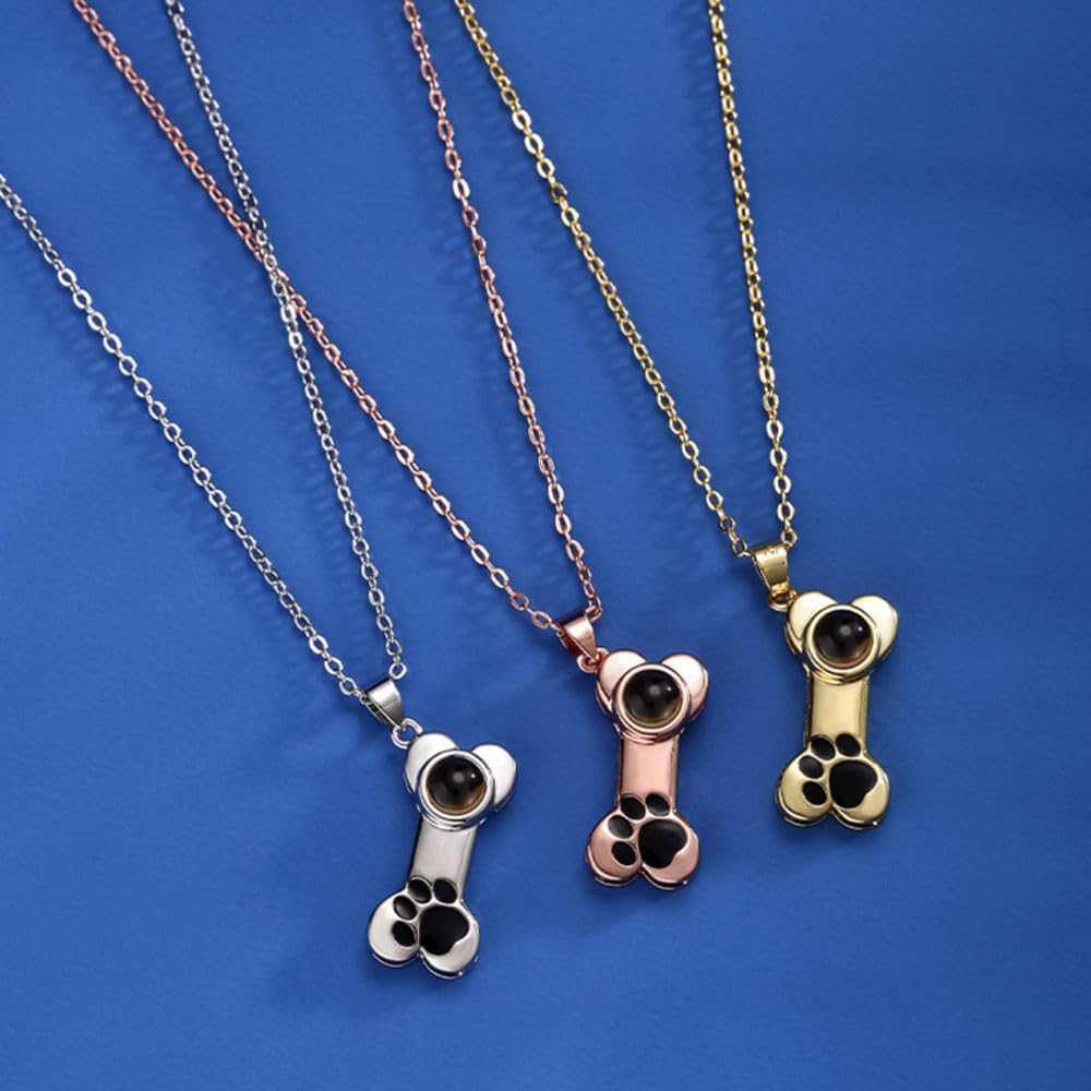 Personalized Photo Necklace Custom Photo Projection Necklaces Dog Bone with Paw Print Pendant Necklace with Picture Inside Pet Dog Cat Memorial Necklace for Pet Lover Women Men