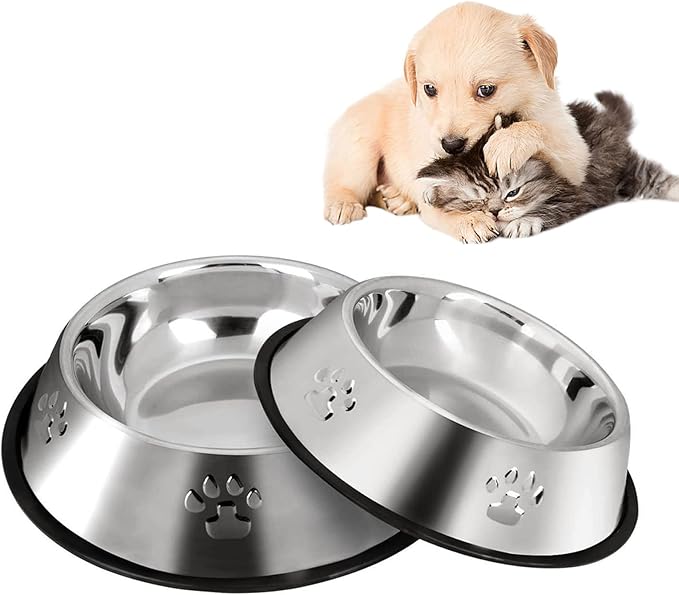 YUDANSI 2 Stainless Steel Dog Bowls, Puppy Kitten Feeding Bowls, Shallow Cat Dish with Rubber Base, Mini and Small Pet Feeder Food Water Plate (S-11oz)