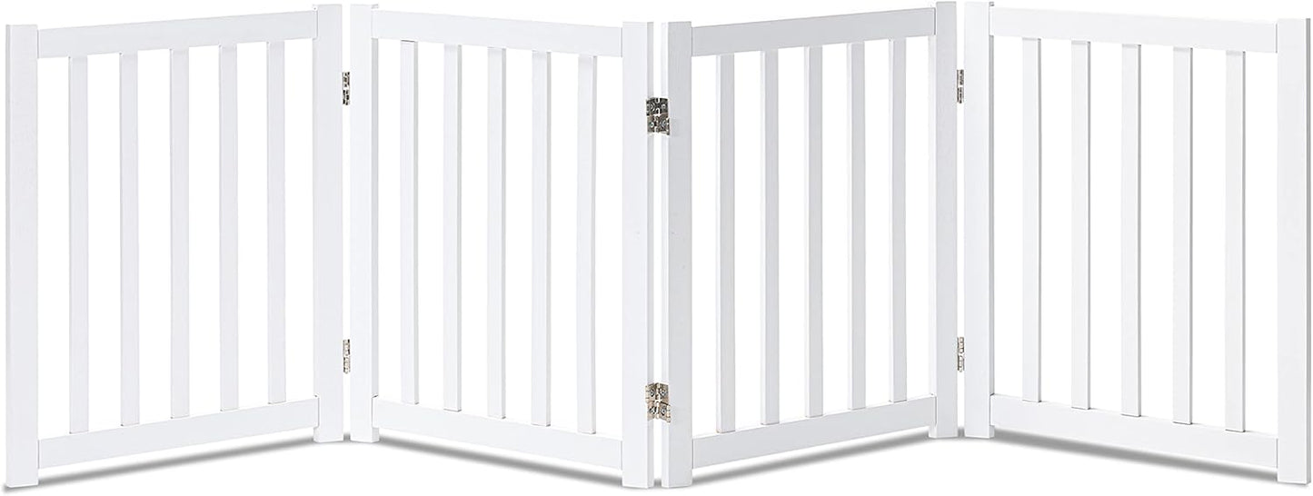 LZRS 4-Panel Wooden Free Standing Foldable Dog Gate Indoor – 24" High, Extra Wide Step-Over Safety Pet Gate for Doorways, Stairs, Hallways, Large Spaces & Playpen for Puppies Indoor Use, White