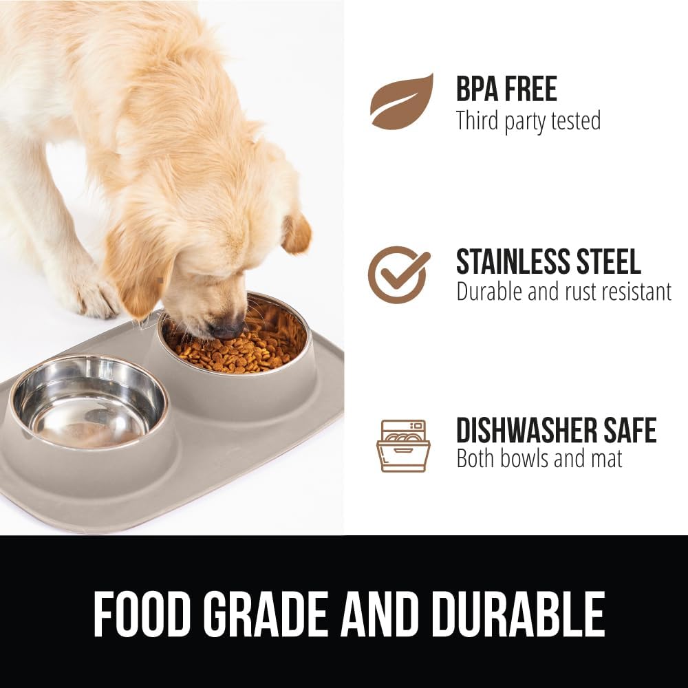 GORILLA GRIP Feeding Mat Set, 3 Cup, Patent Pending 100% Waterproof BPA Free Silicone, Stainless Steel Cat and Dog Bowls, Slip Resistant, High Edges Catch Water Food, US Designed Pet Accessories Beige