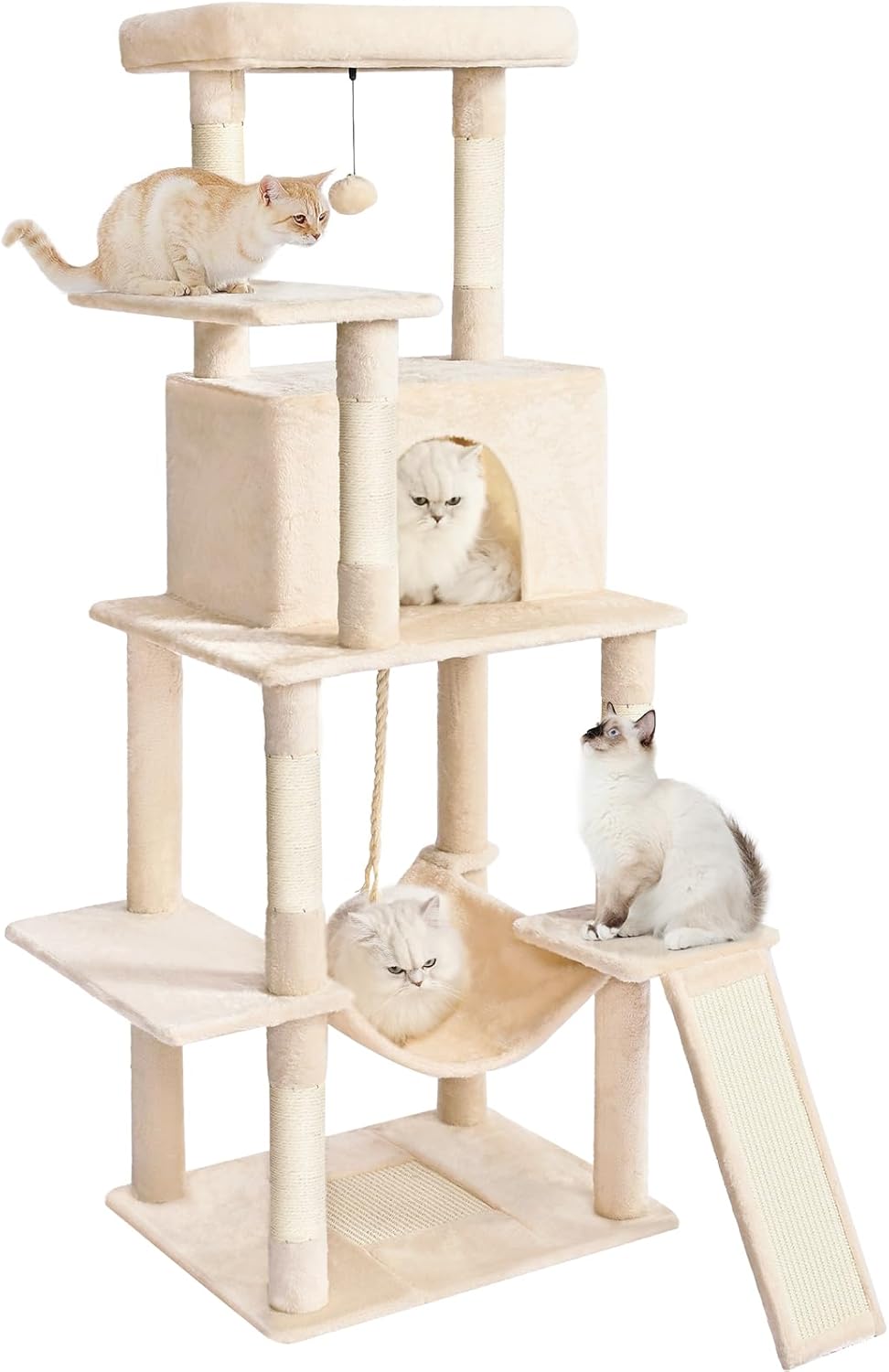 Cat Tree Tower 63in Multi-Level Cat Tower for Indoor Cats with Sisal Scratching Posts, Condo, Hammock, Dangling Ball and Extended Platform for Cats to Play, Beige