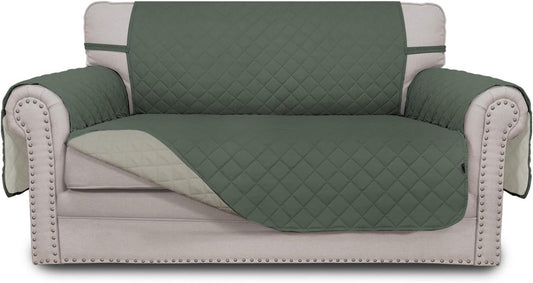 Easy-Going Reversible Loveseat Couch Cover for 2 Cushion Couch Sofa Cover for Dogs Water Resistant Furniture Protector with Foam Sticks Elastic Straps for Pet (Loveseat, Greyish Green/Beige)
