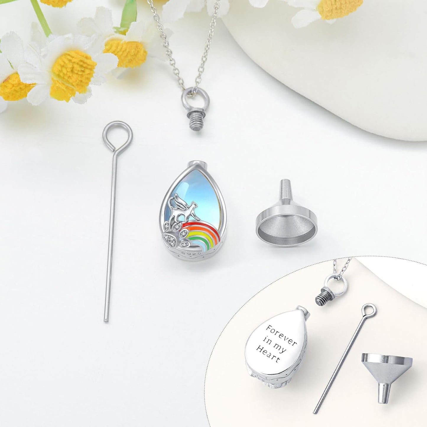 YAFEINI Teardrop Urn Necklace for Ashes Sterling Silver Cat/Dog Ashes Necklace Pet Cremation Jewelry Rainbow Bridge Memorial Gifts