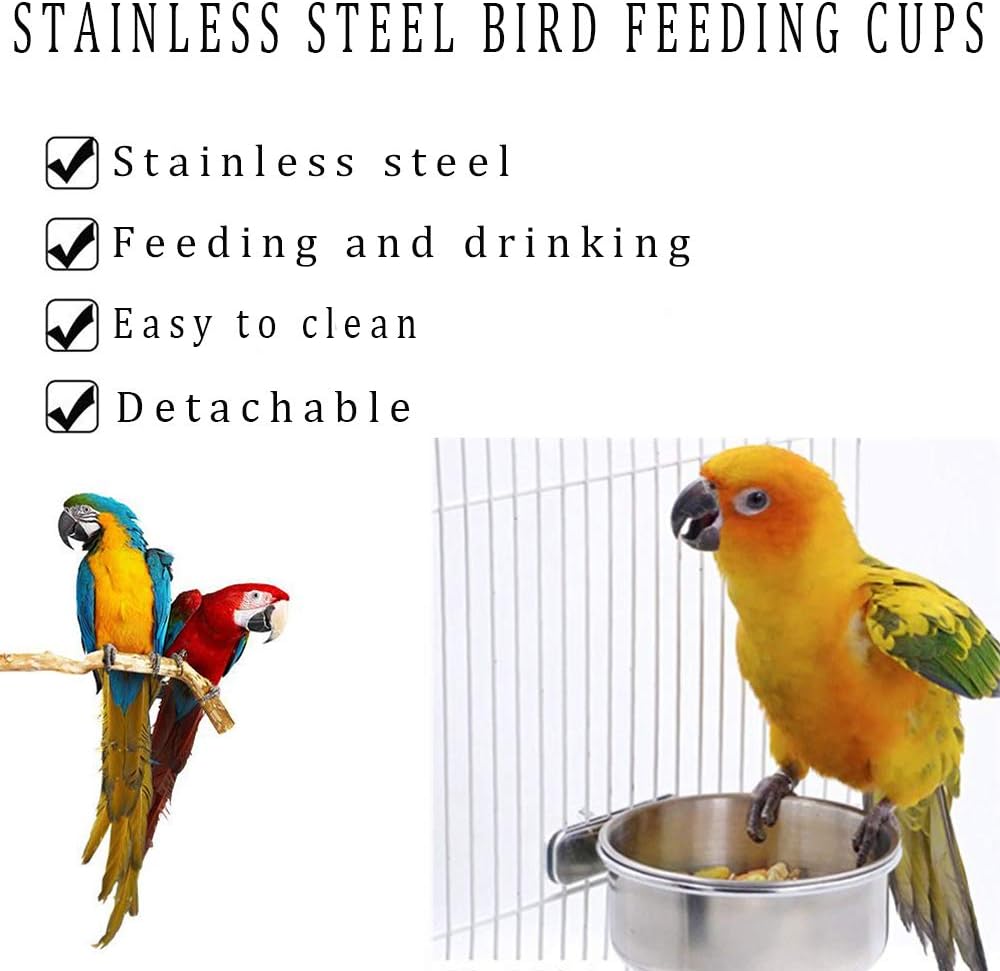 kathson 8 Pack Bird Feeding Dish Cups, Stainless Steel Parrot Feeders Water Cage Bowls with Clamp Holder Bird Feeders for Parakeet Cockatiels Conure Budgies Lovebird Finch and Small Animals