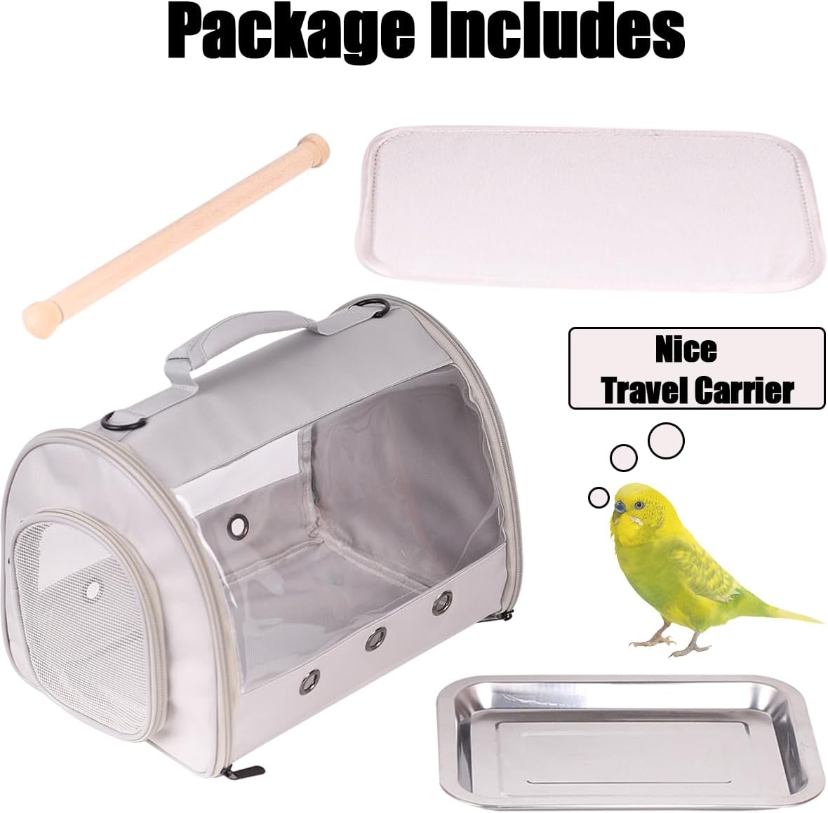 Small Bird Travel Carrier Cage for Long Tail Bird Parakeet Parrot, Includes Metal Tray Soft Mat and Wooden Standing Perch, Hands Free Lightweight Clear 2 Windows