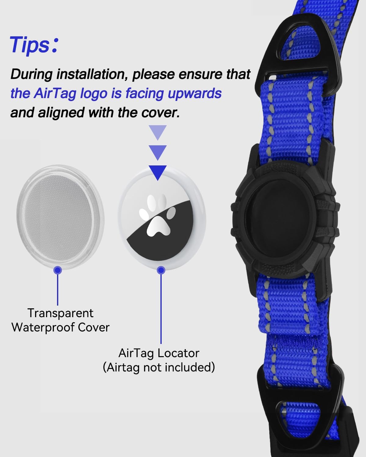 Joytale Airtag Dog Collar, Reflective Pet Collar with Waterproof AirTag Holder, Dual D-Rings, Soft Padded Adjustable for Medium Dogs, Navy Blue, M