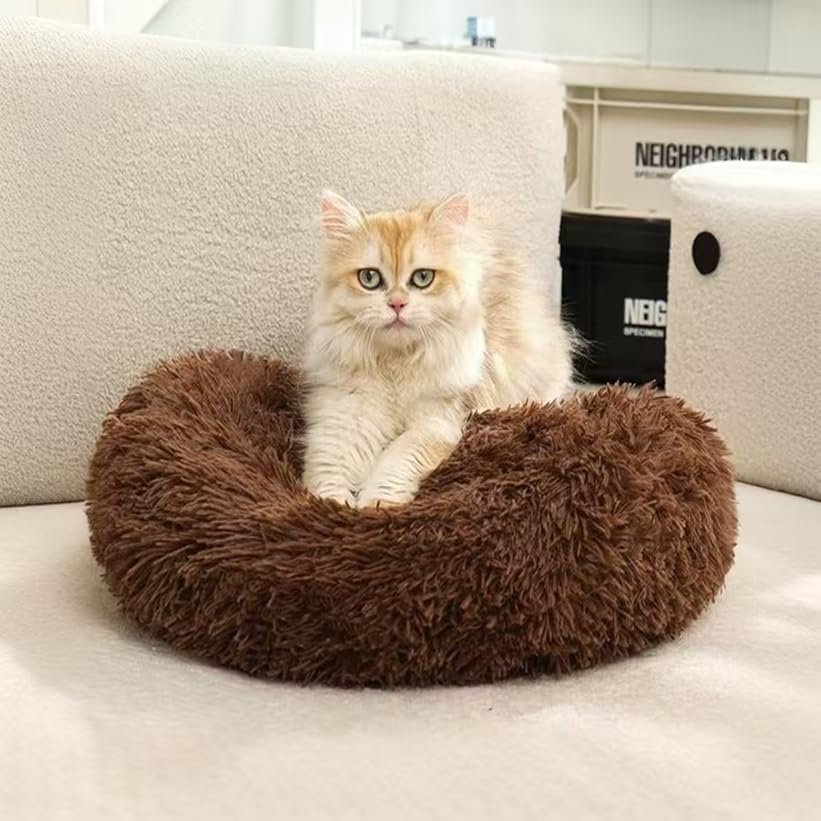 Cat Beds for Indoor Cats - Pet Beds Washable 24 inches, Dog Beds for Small Medium Dogs, Anti Anxiety Round Fluffy Plush Faux Fur Cat Bed, Thick Bottom (Coffee, Large 24" L x 24" W)