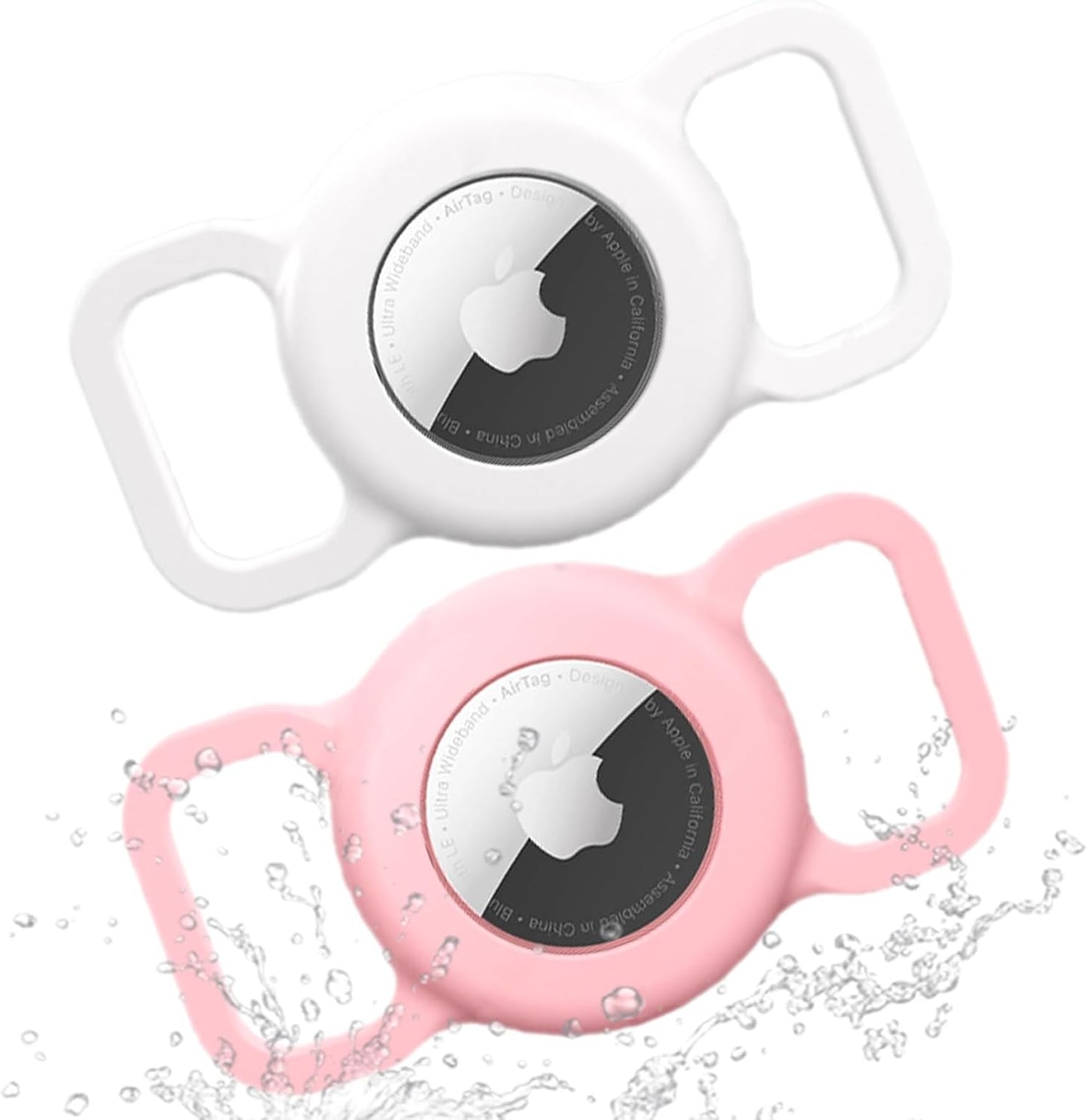 Apple AirTag Case for Dogs, Anti-Lost Silicone Holder - 2 Pack, Waterproof Cat Collar Cover - Pink+White
