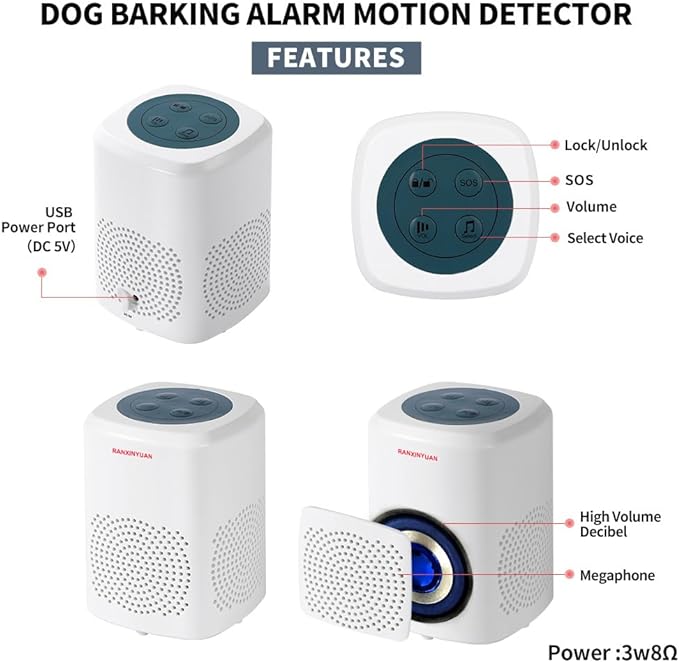 Barking Dog Alarm Motion Detector,Pir Human Body Sensor Alarm Electronic Burglar Deterrent Loud Siren,with Remote & USB,Say Goodbye to Unwanted Intruders
