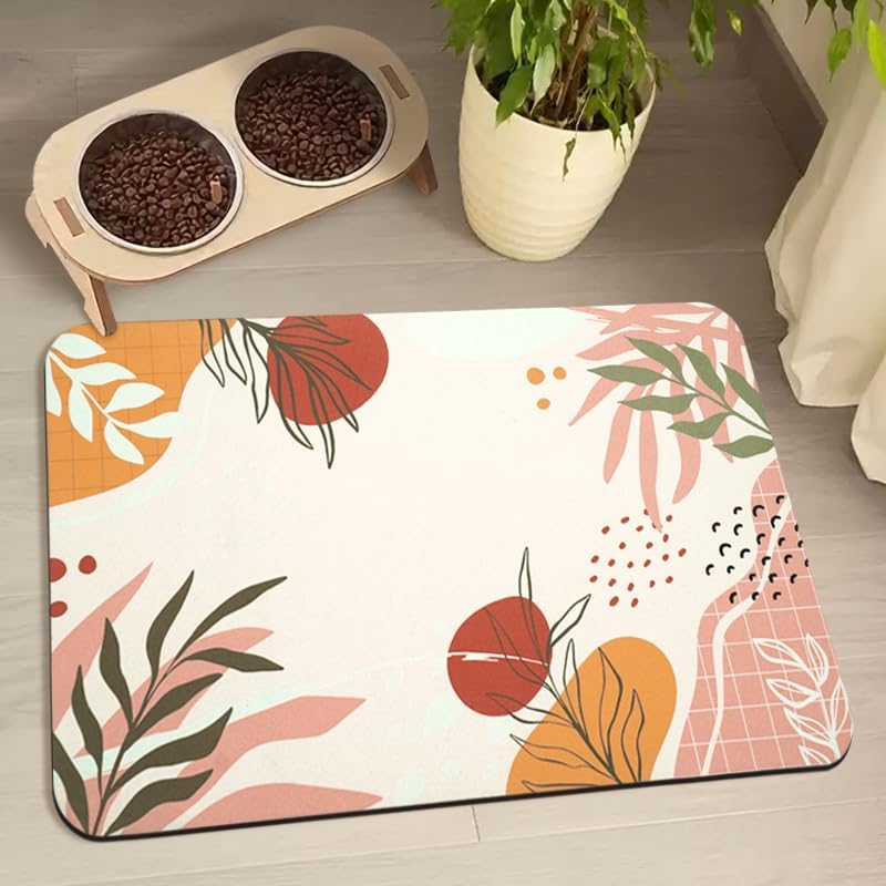 Dog Food Mats for Floors Waterproof, Pet Water Bowl Mats Pet Feeding Absorbent Placemats Bohemia Tropical Leaves 16 * 24 inch
