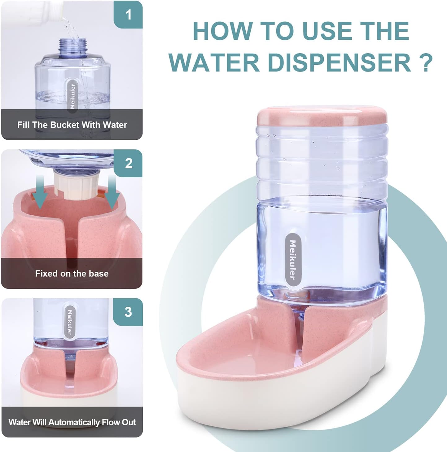 Meikuler Automatic Dog Cat Feeder and Water Dispenser Set,Waterer and Gravity Food Feeder for Small & Medium Dogs Cats Puppies,Large Capacity 1 Gallon x 2(Pink)