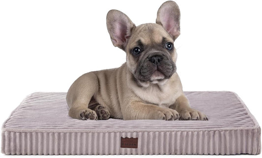 Orthopedic Dog Beds for Small Dogs - Soft Plush Washable with Egg Crate Foam, Waterproof & Removable Cover, Anti-Slip Bottom, Comfy Striped Crate Bed, 30x20 Inch, Gray