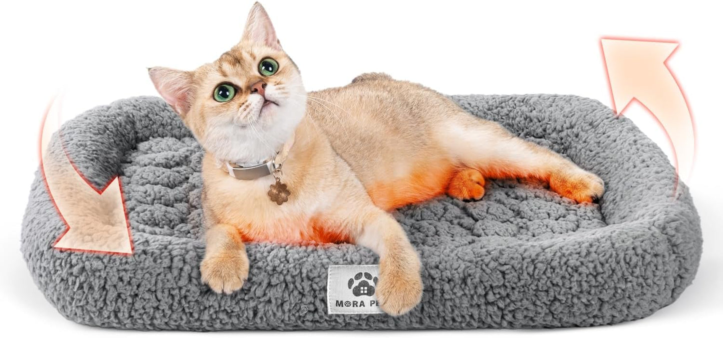 Mora Pets Self Warming Cat Bed Self Heating Pet Pad with Bolster and Foam Washable Removable Cover Non Slip Thermal Sherpa Fabric Pet Mat Grey 20 Inch