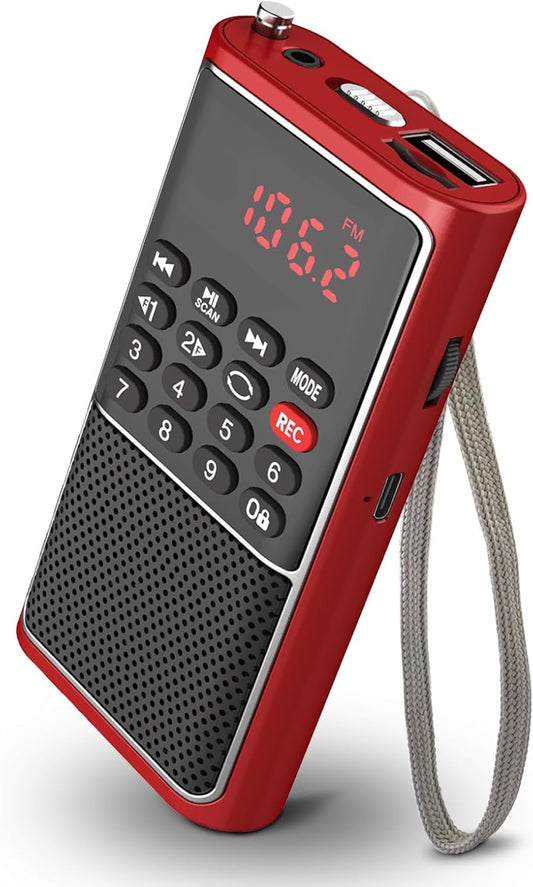 Small FM Radio Pocket Portable Radio,Rechargeable Battery Operated,USB/Micro SD Card/TF Card Slot Mp3 Player,Numeric Key, with Recorder,Excellent Reception and Sound,Suitable for Home & Outdoor Use