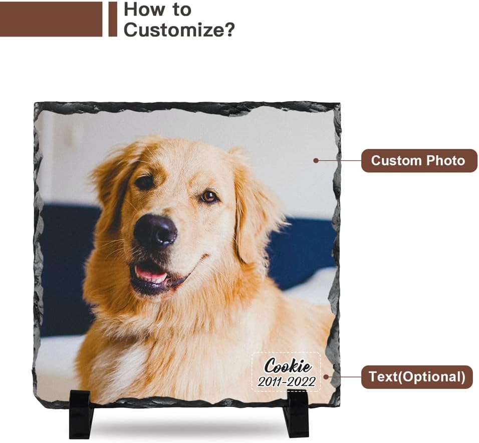 Bemaystar Personalized Rock Slate Photo Frame- Dog Photo Slate Stone Plaque, Customized Gifts for Pet Lovers, Personalized Square Shaped Picture Frame 7.9x7.9