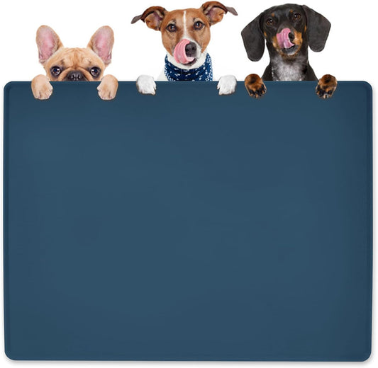 Dog Water Mat 39.4 by 29.5in Extra Large - Silicone Mat for Dog Bowls Waterproof Non Slip - XL Pet Mat for Food and Water Protect Floors - Stone Blue