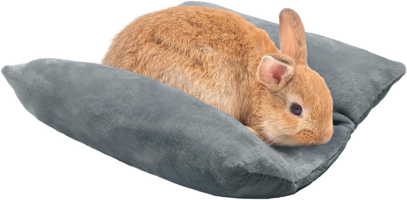 MEWTOGO 13 x 14In Rabbit Bed, Thickened Soft Bunny Snuggle Concave Bed, Cuddle Cushion Plush Mat with Cotton Lounger Pillows, Small Pet Flop Mat for Indoor Cage Sleeping Bunny Gifts, Gray