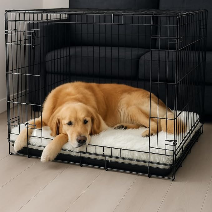 IHAPPYDOG Luxury Faux Fur Orthopedic Dog Beds, Memory Foam Crate Bed for Small, Medium, Large and XL Pets, Fluffy Pet Bed with Waterproof and Washable Cover, Fits Crates (White, XL 47" x 29")