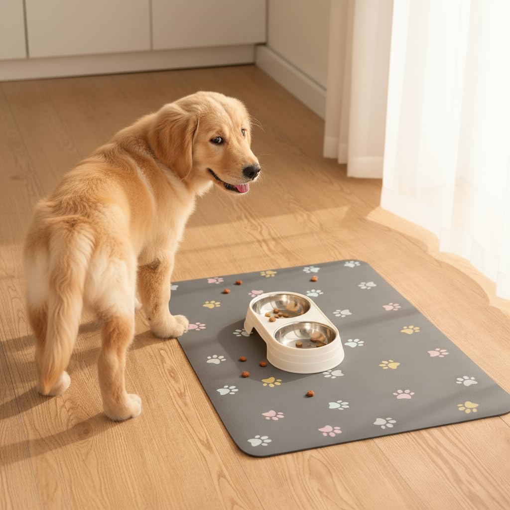 Pet Feeding Mat Absorbent Dog Mat for Food and Water Non Slip Quick Dry Dog Bowl Mats for Floors 27" X 17" Paw Light Gray