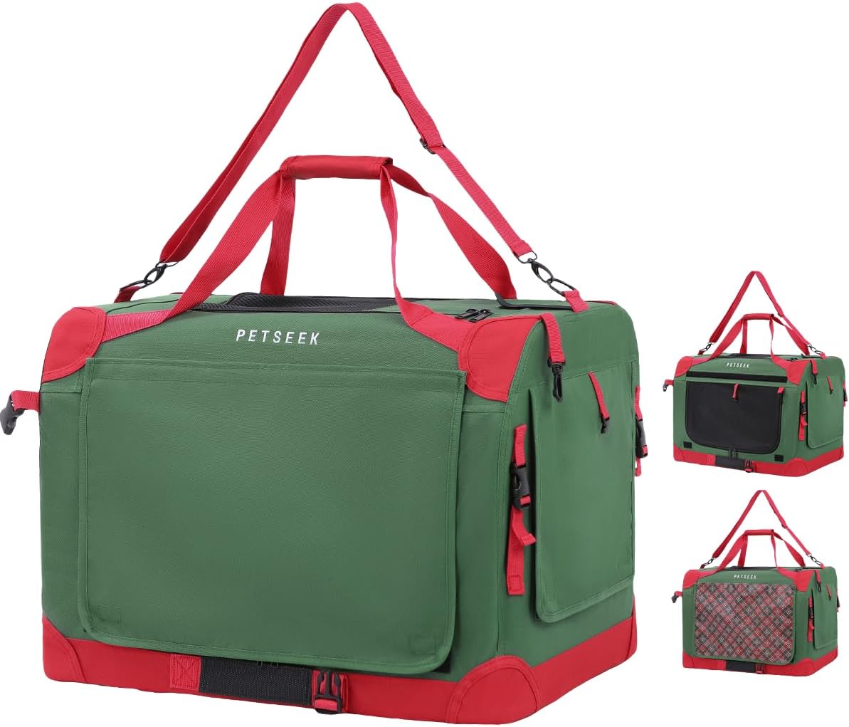 Extra Large Cat Carrier Soft Sided Folding Small Dog Pet Carrier 24"x16.5"x16" Travel Collapsible Ventilated Comfortable Design Portable Vehicle with Curtain(Green-Red)