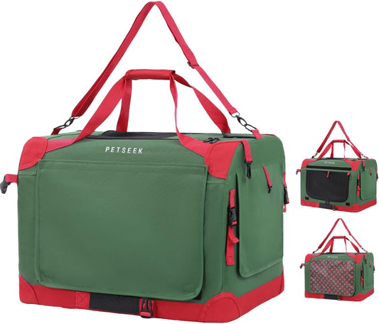 Extra Large Cat Carrier Soft Sided Folding Small Dog Pet Carrier 24"x16.5"x16" Travel Collapsible Ventilated Comfortable Design Portable Vehicle with Curtain(Green-Red)