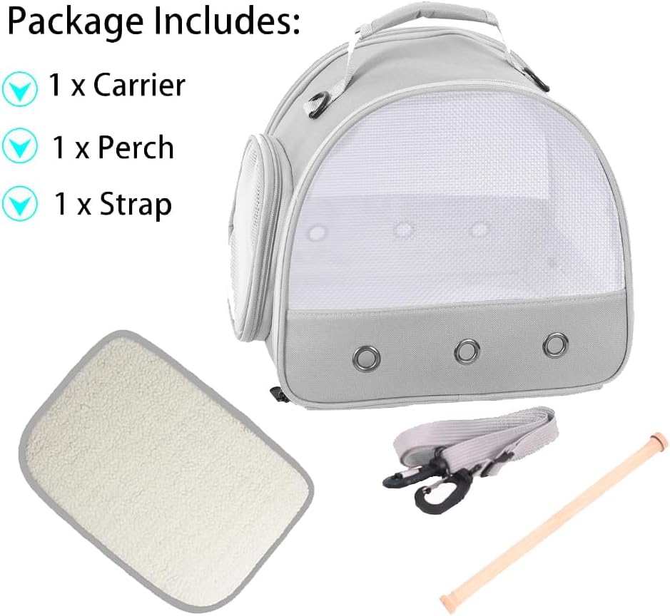 Bird Carrier, Portable Small Bird Parrot Parakeet Carrier with Standing Perch and Soft Support Mat, Side Access Window Collapsible (Grey, Mesh Windows)