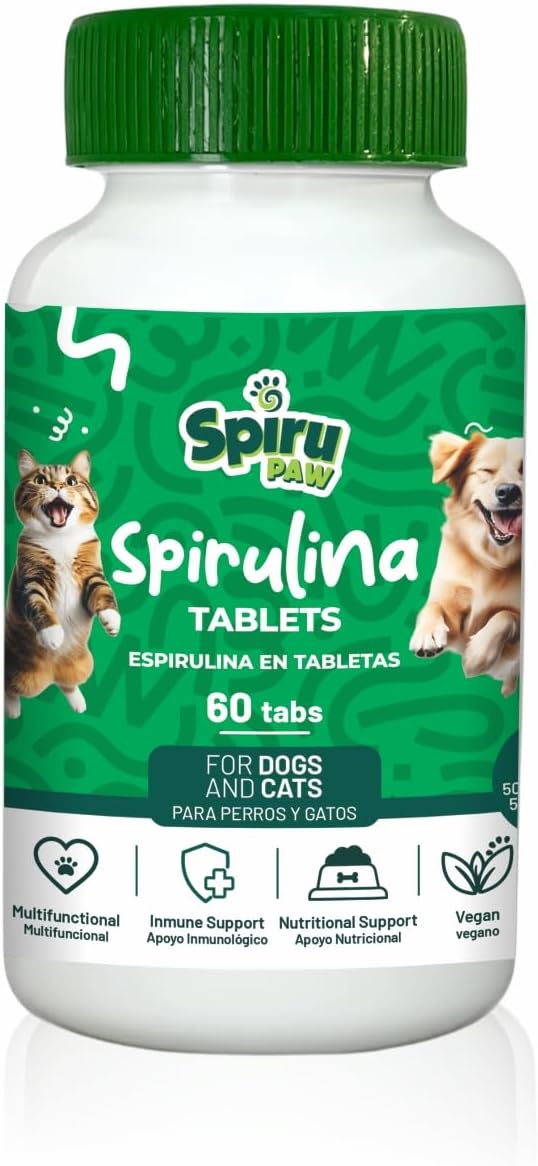 Spirulina-Based Tablets for Pets Produced in The Atacama Dessert - Natural Supplement Nutrient-Rich, Essential Amino Acids & Prebiotics - 60 Count