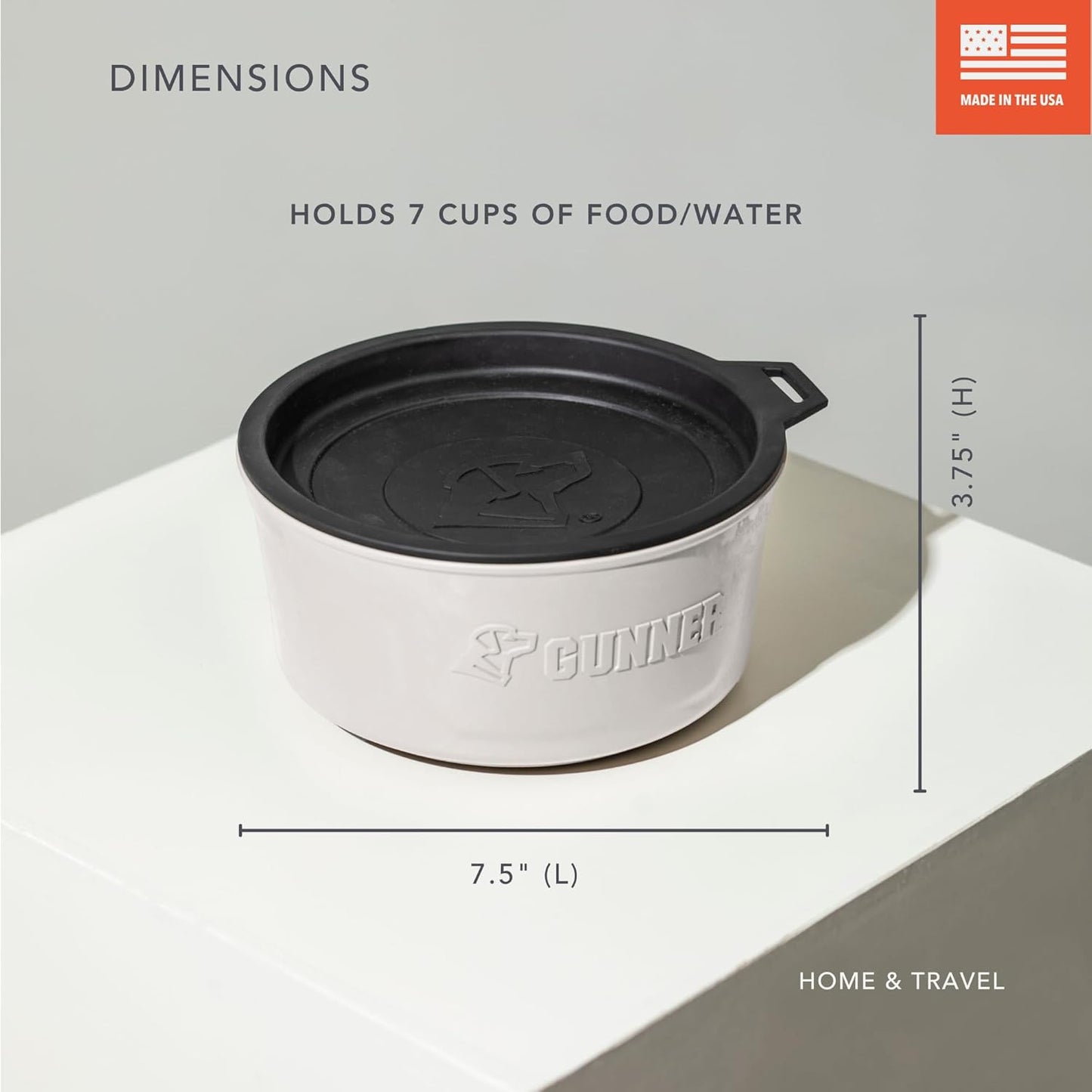 Dog Bowl with Spill-Proof Travel Lid – 7.5" x 3.75", 1.3 lb, 7-Cup Capacity, BPA-Free, Rust-Proof, Shock-Resistant, Stackable, Dishwasher Safe, Leak-Resistant Nesting Lid – White