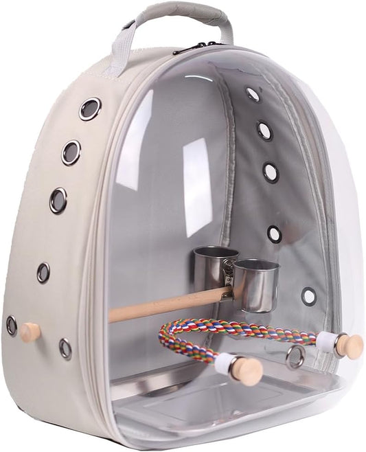 Bird Traval Carrier Cage, Multi Vent Holes Clear Space Capsule Astronaut Backpack to Carry Parakeet Cockatiel Parrot with Metal Tray Wood Perch, Vet Transport Book Bag