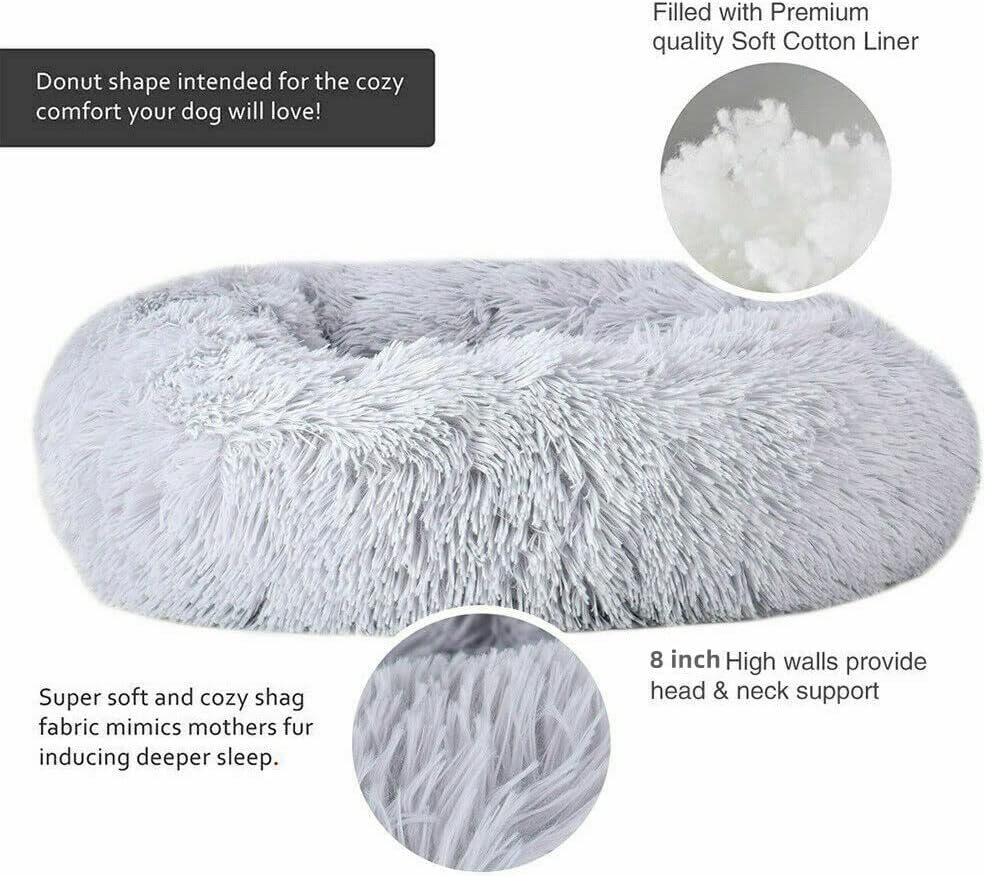 Original Calming Donut Dog and Cat Bed in Shag Fur, Dog Beds for Large Dogs, Anti Anxiety Round Fluffy Plush Faux Fur Pet Bed (Light Grey, 40x40)