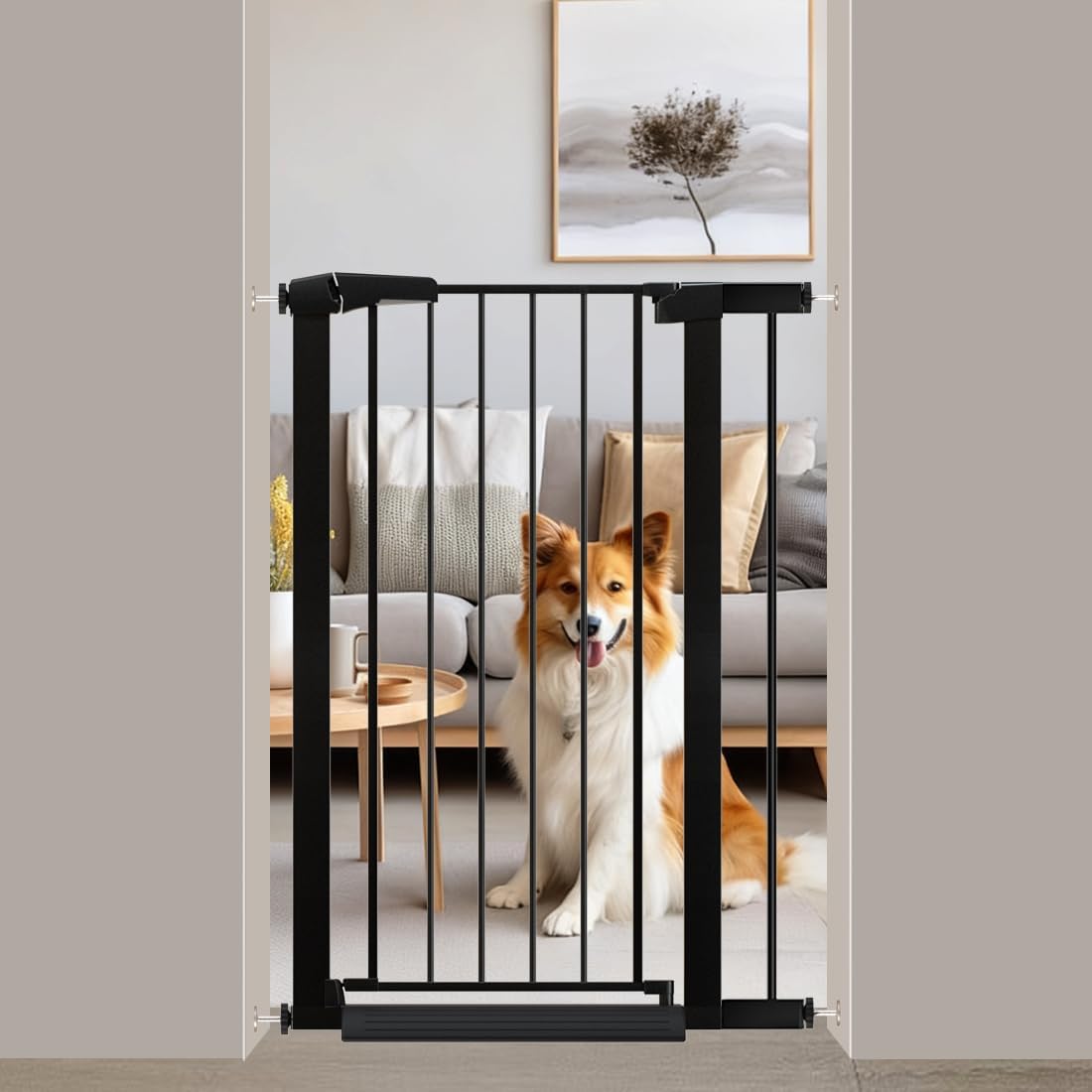 Fairy Baby 26.8"-29.5" Inch Narrow Baby Gate for Small Doorways Stairs, 38" Extra Tall Dog Gate Indoor for Kids or Pets, Metal Safety Gate Pressure Mounted No Drilling Walk Through, Black