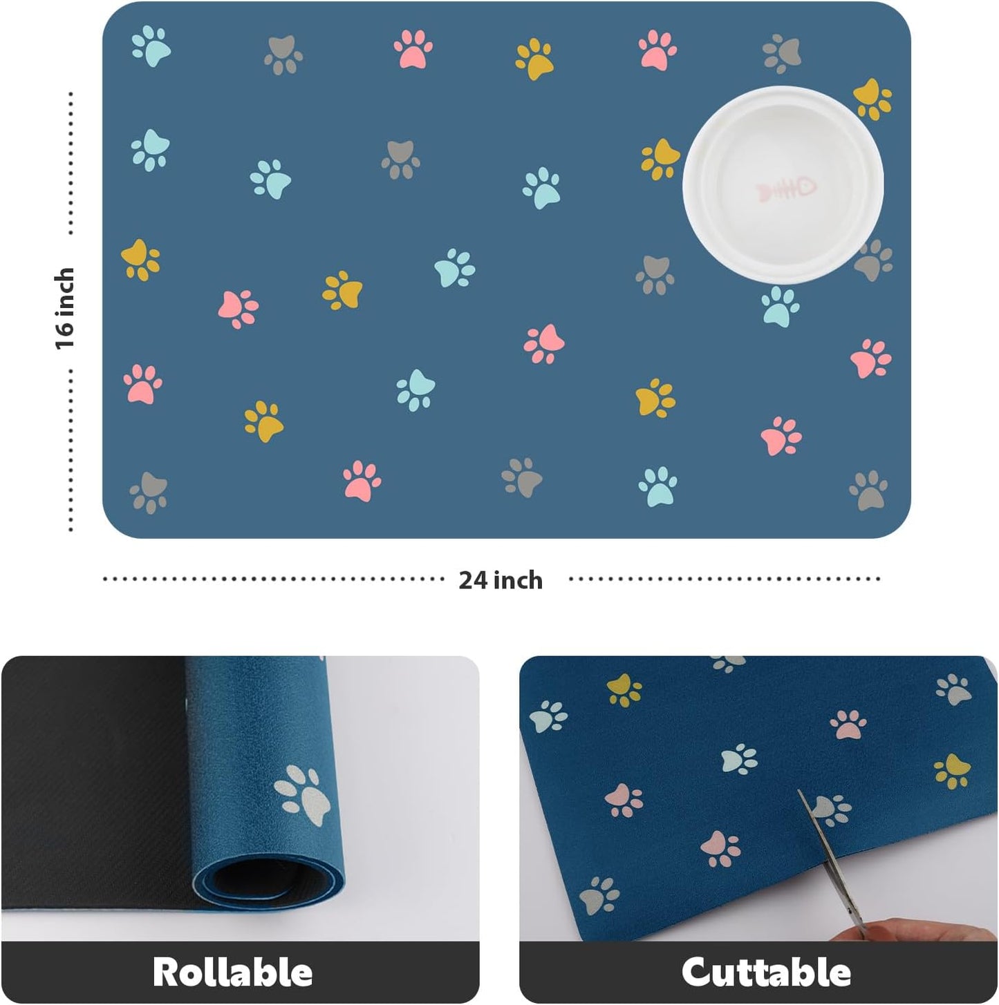 Cat Food Mat Absorbent Dog Mat for Food and Water Non Slip Quick Dry Dog Bowl Mats for Floors 24" X 16" Paw Lake Blue