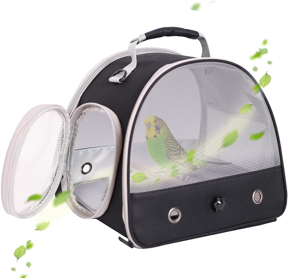 Bird Carrier, Portable Small Bird Parrot Parakeet Carrier with Standing Perch, Side Access Window Collapsible (Black, Mesh Windows)