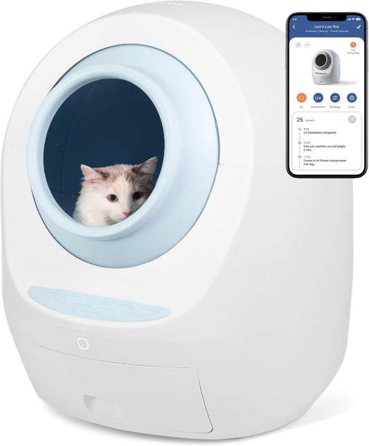 Casa Leo Leo’s Loo Too Self-Cleaning Cat Litter Box, Wi-Fi App Control, <30 dB Whisper-Soft, Anti-Pinch Sensors, UV Odor Defense, Health Monitoring, Large 24 × 22 × 27.6 in
