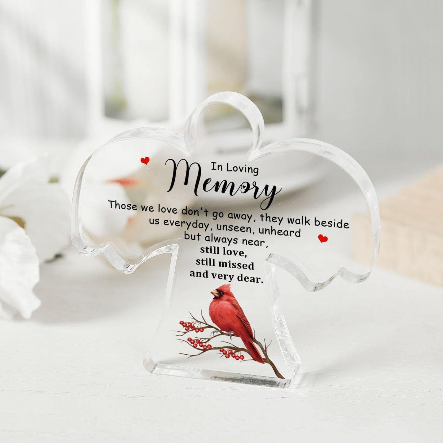 Memorial Cardinals Gift, Angel Acrylic Bereavement Memorial Sign Decor, Condolences Remembrance Grief Gift for Loss of Mother Mom Father Dad, Memory Sign for Home Living Room Desk Centerpiece Decor