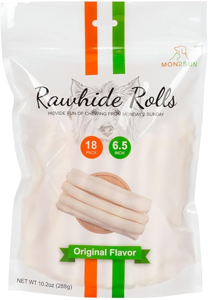 MON2SUN Dog Rawhide Rolls Twist Sticks 6.5 Inch Natural Flavor Rawhide Chews 18 Count for Puppy and Small Dogs