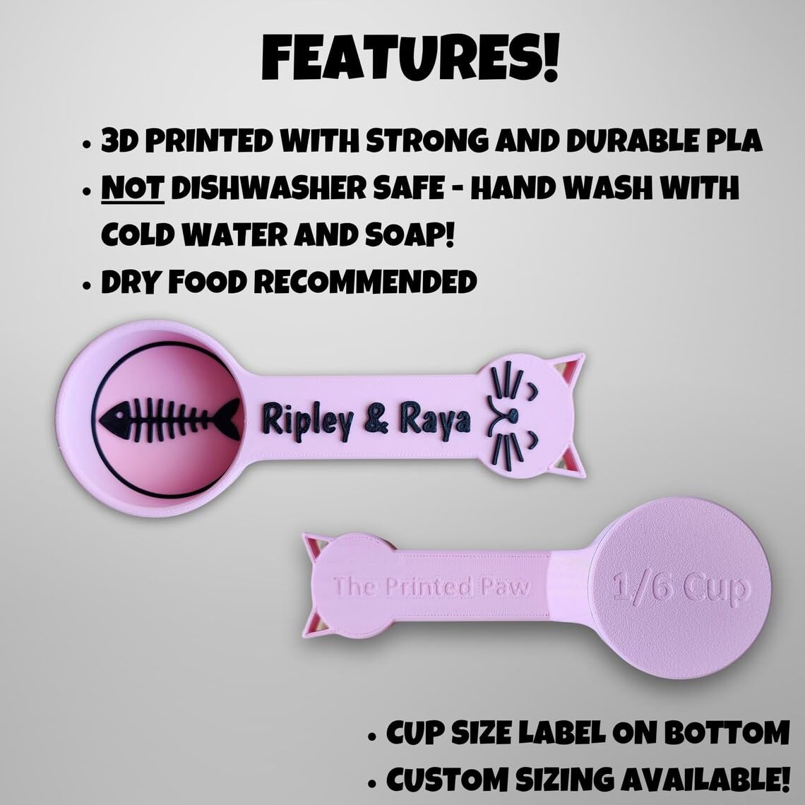 Personalized Cat Food Scoop, Cat Food Measuring Cup with Name, Kibble Scoop (24 oz - 3 cups)