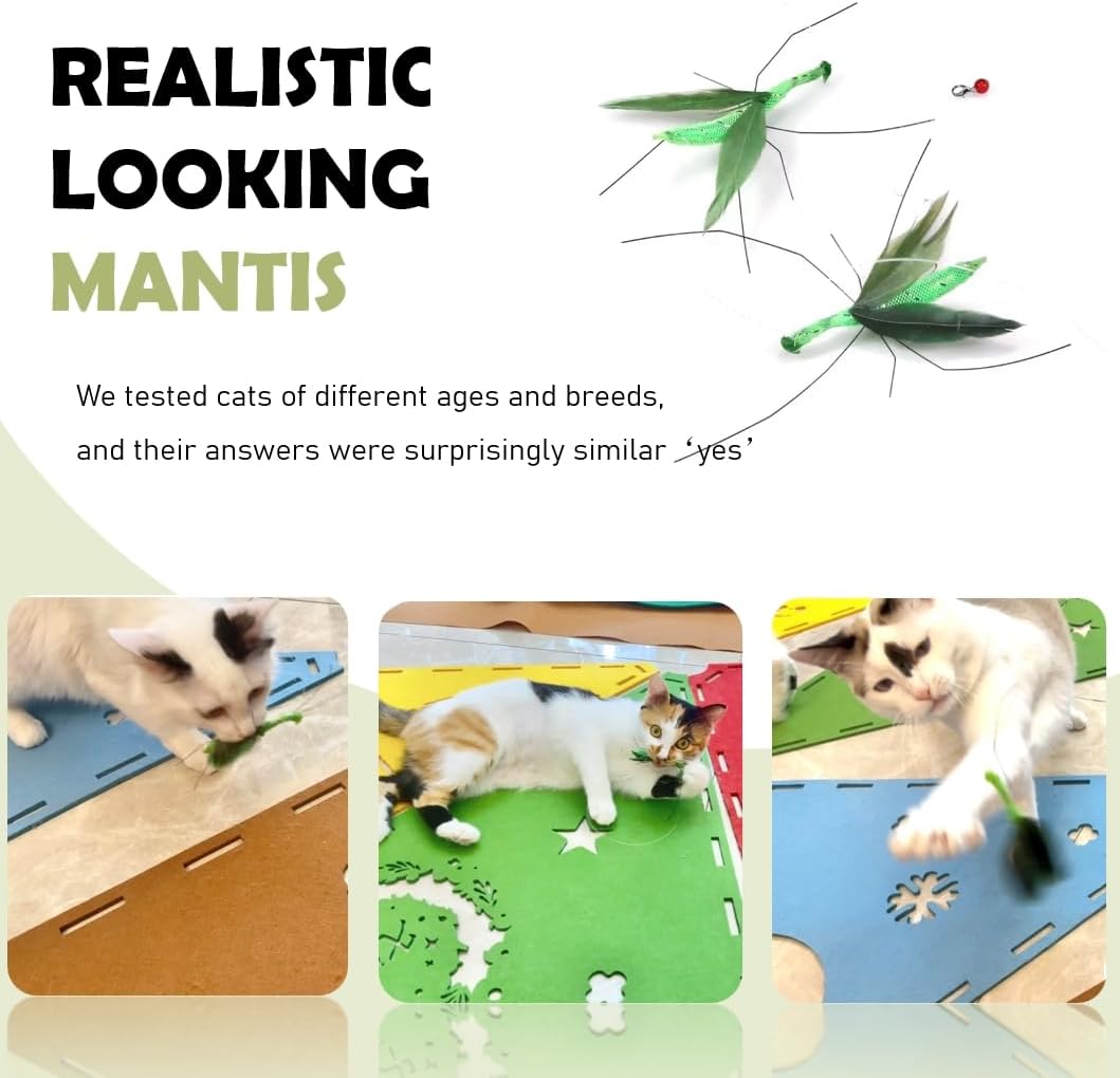 Cat Insect Feather Toys Replacement - 2 Pcs Handmade Natural Mantis - Cat Toy Wand Refills - Interactive Kitten Teaser Wand Attachments - Kitty Toys for Indoor Cats Play